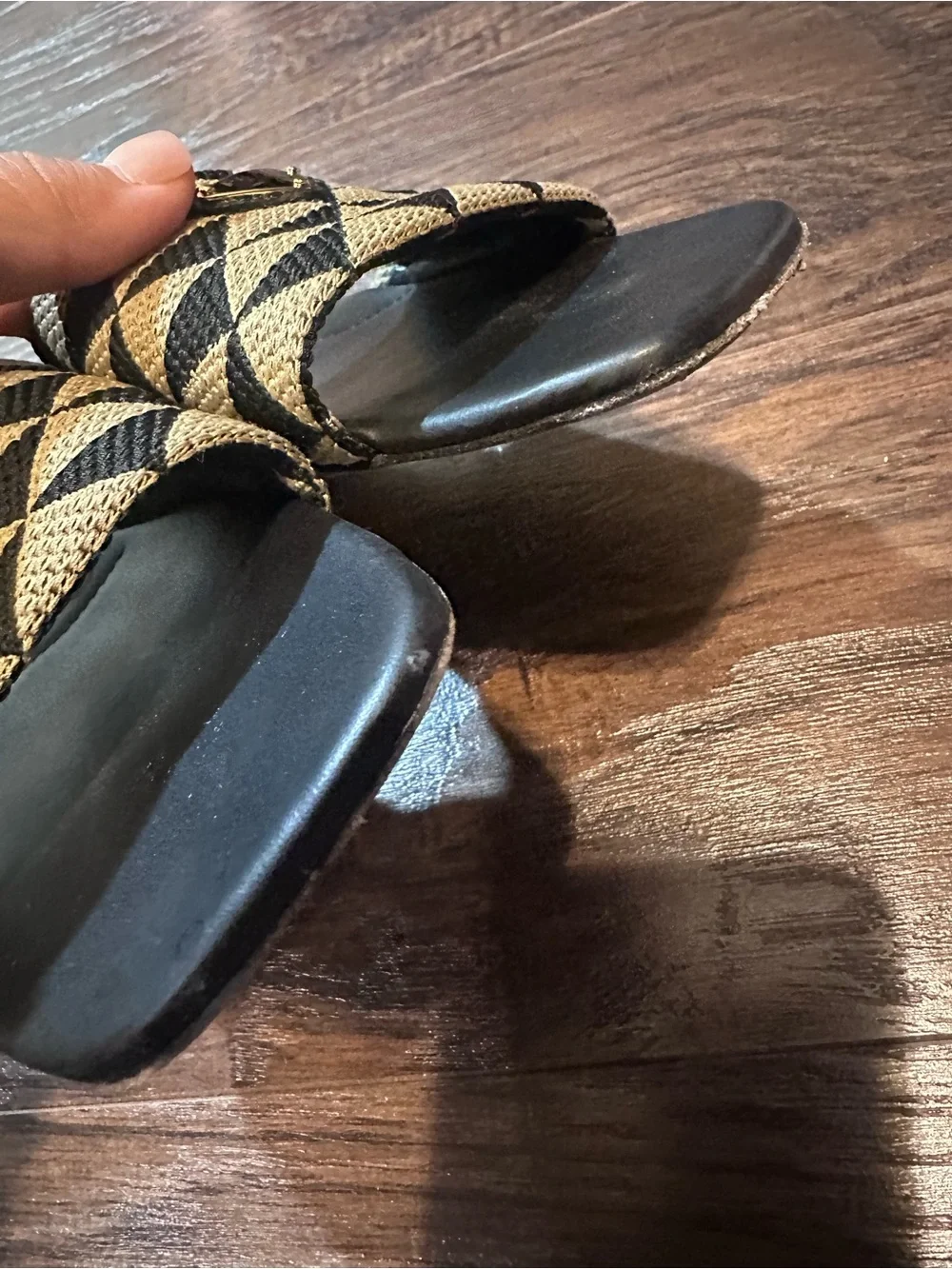 PRADA Women’s Black and Tan Geometric Slide Sandals